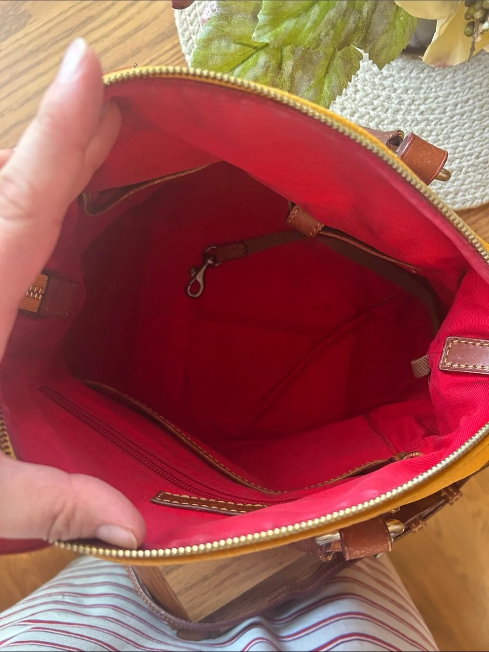 Dooney & Bourke Yellow Leather Satchel with Brown Trim and Strap